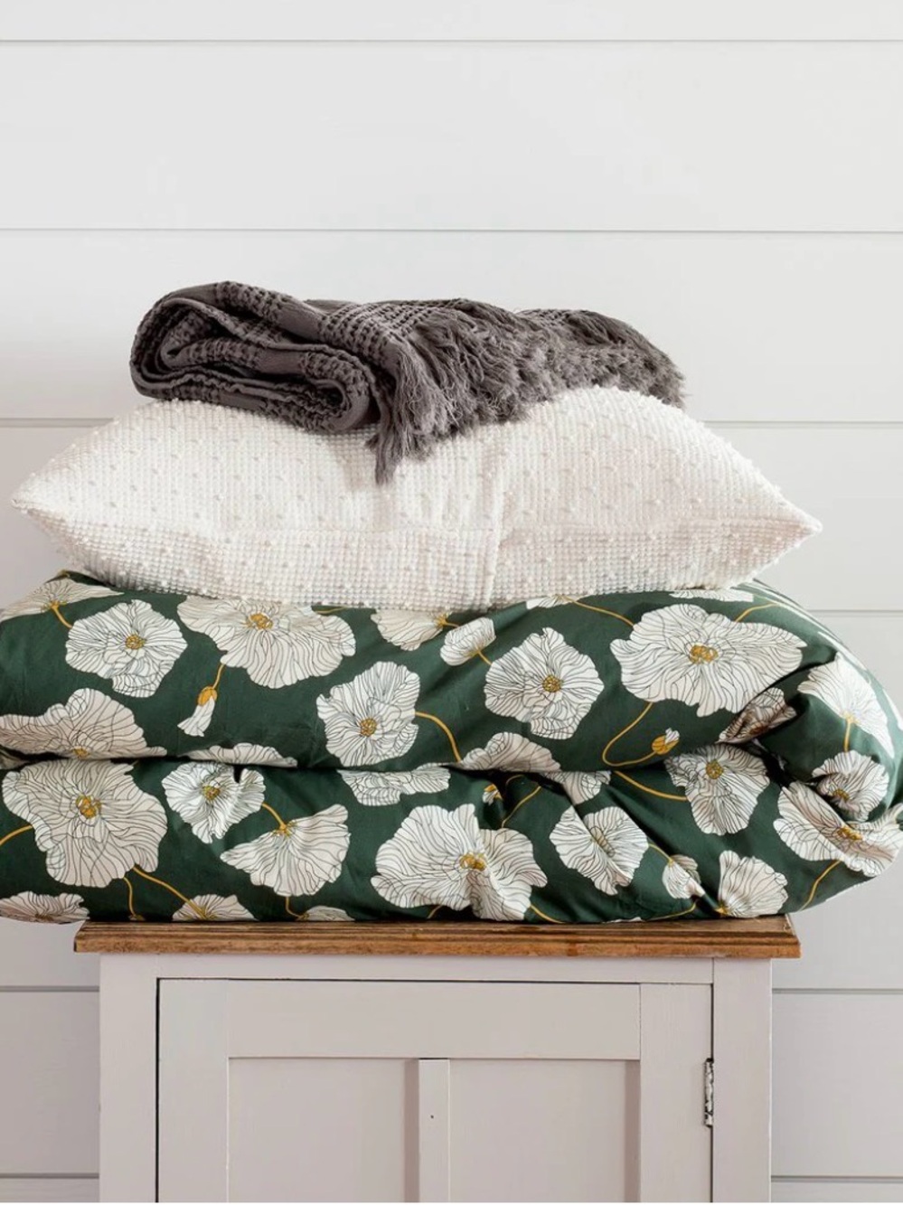 Schoolhouse Blooming Floral Green Percale Duvet Cover White Poppy Print